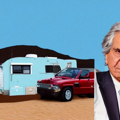 Image similar to current president of uruguay Lacalle Pou holding a ziplock bag with baby blue meth, desert background, next to an rv, by stephen bliss, gta loading screen