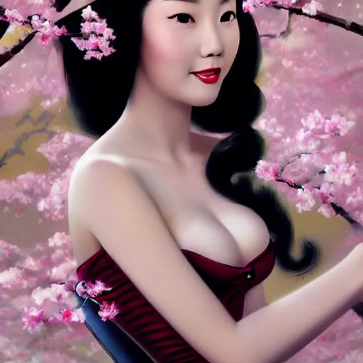 Prompt: pin - up portrait of a beautiful young chinese woman, pretty long hair, cherry blossoms, intense flirting, showing curves, symmetrical face, digital art, smooth, extremely detailed, model pose, intense look, dream, gorgeous young model, traditional beauty, pretty, by wu bayard, by gil elvgren, by ralph horsley, by hanks steve