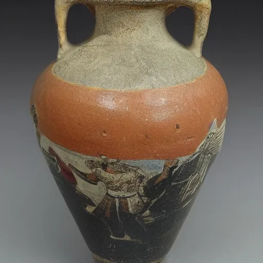 Image similar to a beautiful ancient greek amphora museum ceramic pottery vase depicting stalin waving