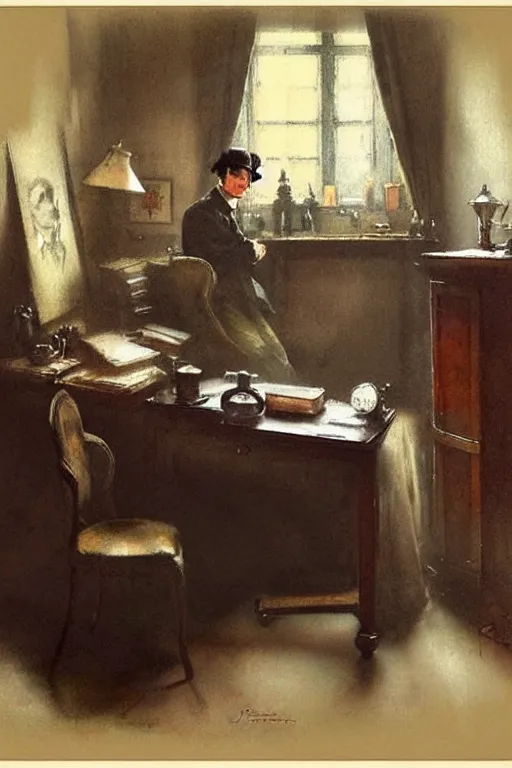 Image similar to ( ( ( ( ( 1 9 5 0 s 1 9 th century sherlock holmes interior study 2 2 1 b baker street, london. muted colors. ) ) ) ) ) by jean - baptiste monge!!!!!!!!!!!!!!!!!!!!!!!!!!!!!!