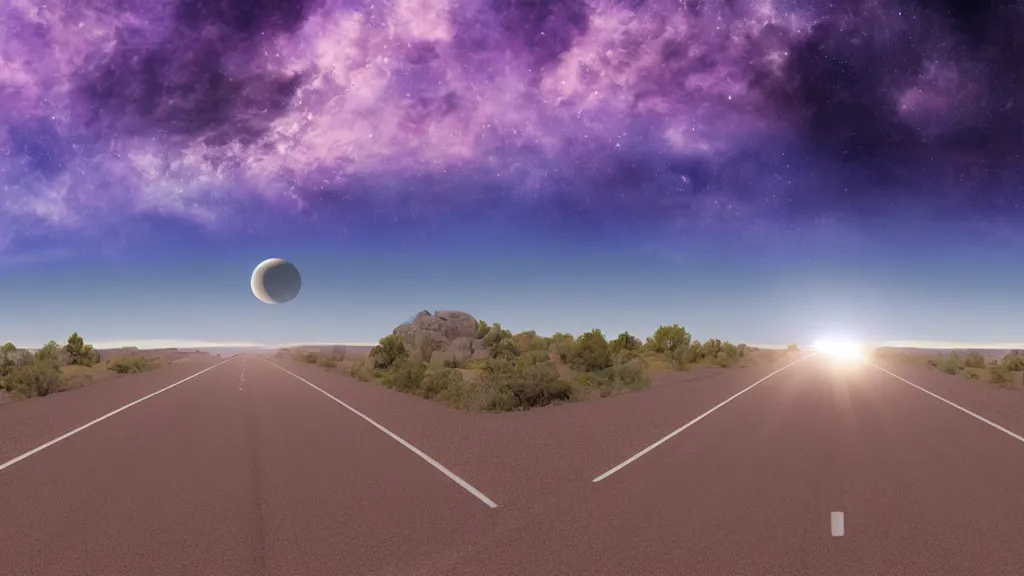 Image similar to a picture of a road in the middle of the purple desert. sky is very clear and blue. a planet is seen rising from the horizon. an ambient occlusion render, space art, terragen, sci - fi