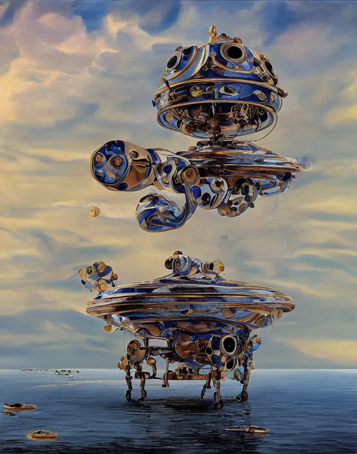 Image similar to Dream Bot Mothership oil painting by Salvador Dalí. Cinematic, hyper realism, high detail, octane render, 8k