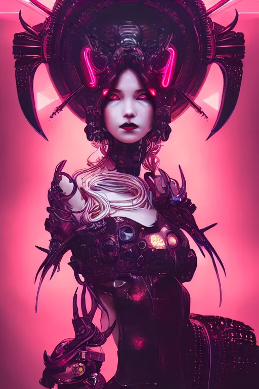 Image similar to portrait futuristic Devil Girl with horns and wings, in future cyberpunk tokyo rooftop , ssci-fi, fantasy, intricate, very very beautiful, elegant, human anatomy, neon light, highly detailed, digital painting, artstation, concept art, smooth, sharp focus, illustration, art by tian zi and WLOP and alphonse mucha