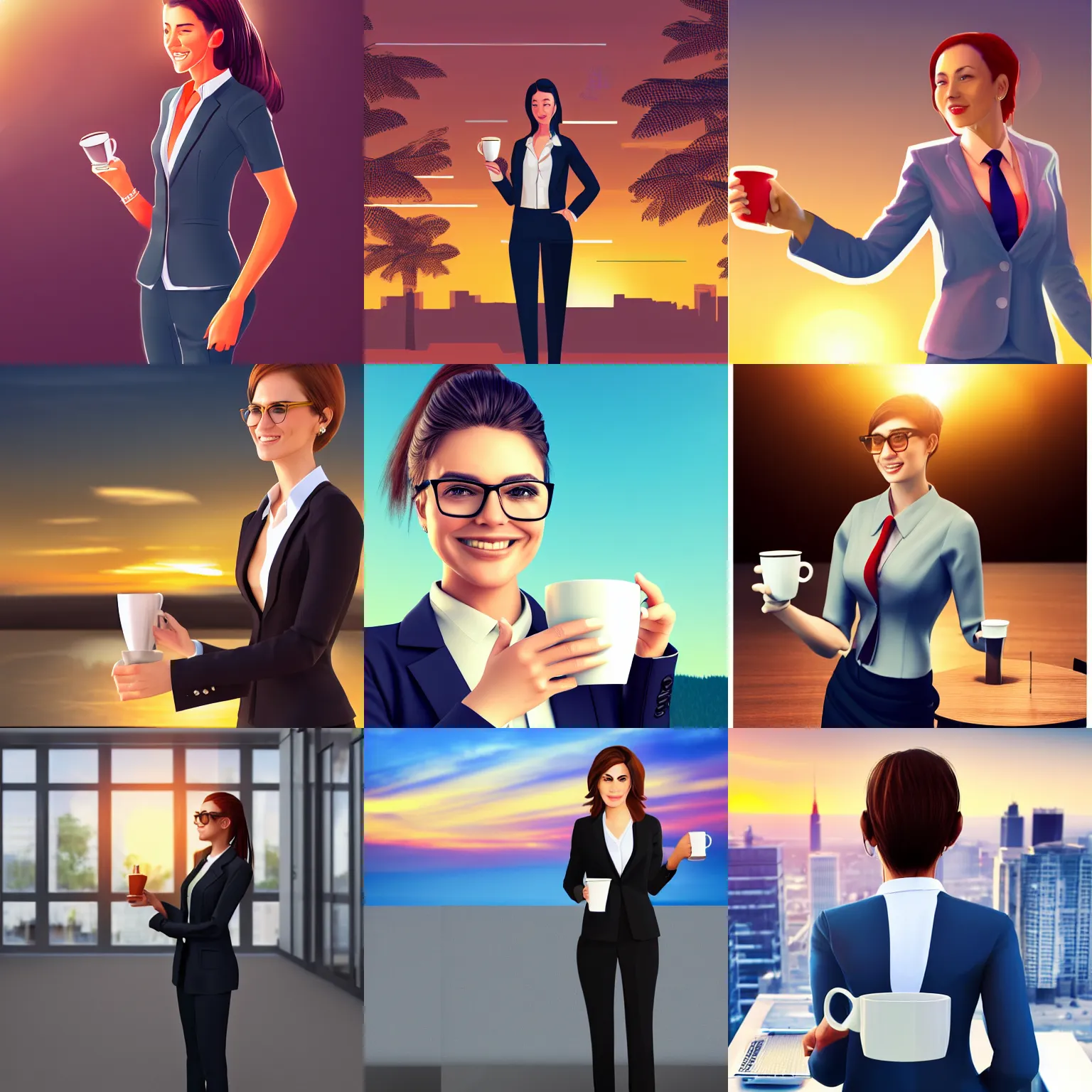 Prompt: a female customer success manager in a modern business suit, looking confident, cup of coffe in her hand, bright sunrise in the background, digital art, award winning, trending on artstation, highly detailed, realistic