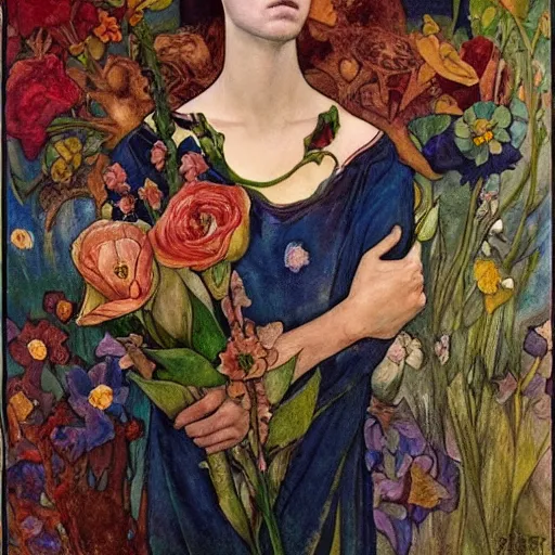 Image similar to flower queen, by annie swynnerton and tino rodriguez and nicholas roerich and lucien freud, dramatic lighting, floral tattoos, rich colors, smooth sharp focus, extremely detailed, adolf wolfli