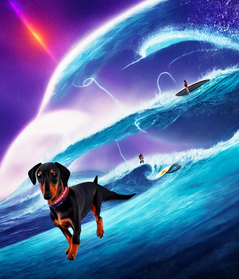 Image similar to black coat wiener dog surfing a surfboard on a crashing l wave of alien ocean in space, background is an alien galaxy, aliens in the background, alien colors, octane render, unreal engine, wide view, 8 k, high detaild