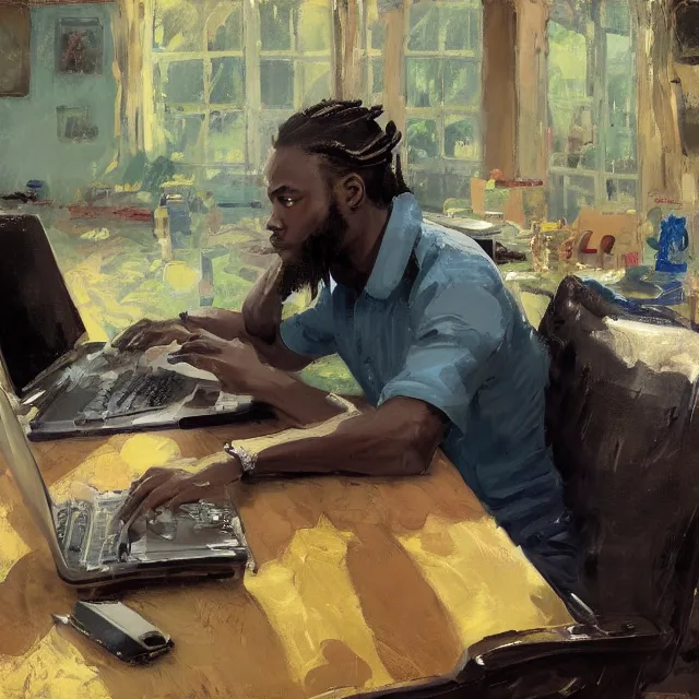 Prompt: a jamaican male with medium length locs, holding a sony camera, sitting at a computer desk, portrait, elegant, intricate, digital painting, artstation, concept art, smooth, sharp focus, illustration, art by konstantin korovin and daniel f. gerhartz and john howe