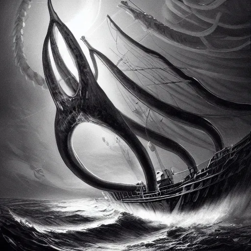 Prompt: a giant squid attacking a ship, its tentacles wrapping around the ship, trending on artstation, highly detailed, dramatic lighting