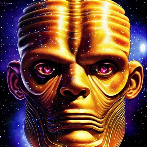 Prompt: uhd photorealistic cosmic kryten floating in space, surrounded by smeg. amazing detail, correct face, symmetrical face, by karol bak and zawadzki, bokeh hyper detailed. intricate details with global lighting.