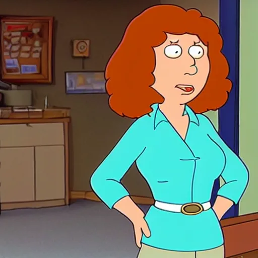 Image similar to A still of Lois Griffin from Family Guy in NCIS, turquoise blouse, tan pants