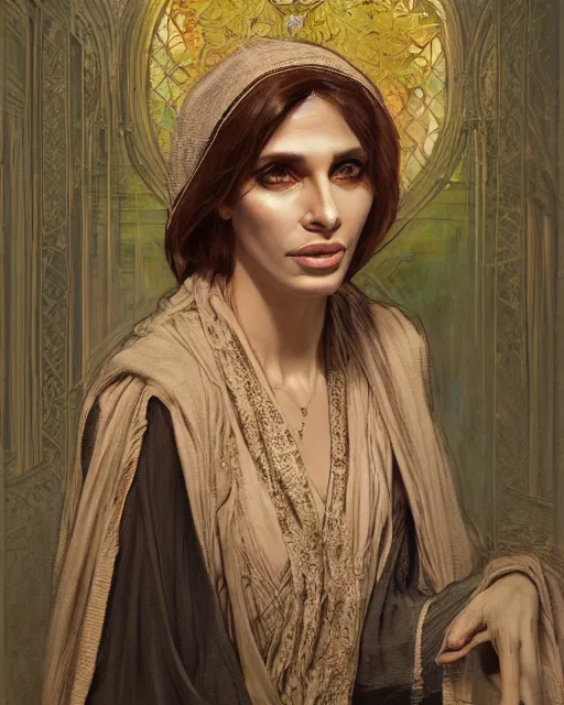 Image similar to portrait of 4 0 - year - transwoman prophet muhammad, clear face, pointed face and sensual eyes, hyper realistic face, beautiful lips, fantasy art, in the style of greg rutkowski, intricate, alphonse mucha, hyper detailed, smooth