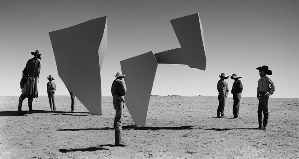 Image similar to film still showing cowboys looking at a gigantic abstract sculpture in the desert directed by Sergio Leone, western, monument valley, cinemascope, technicolor