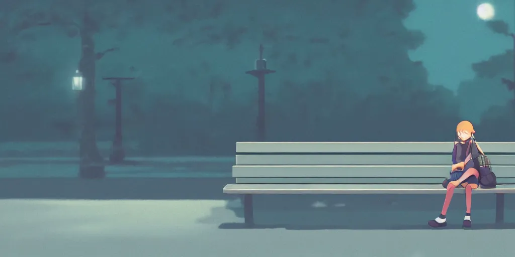 Image similar to lonely girl sitting on a bench waiting at a train station, evening, detailed matte painting, low angle view, telephoto lens, bokeh, studio ghibli, artstation