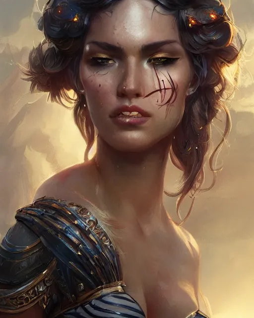 Image similar to A beautiful woman warrior wearing a magical bikini posing on a boat, beautiful face, highly detailed face, close-up, fantasy art, in the style of greg rutkowski, illustration, epic, fantasy, intricate, hyper detailed, artstation, concept art, smooth, sharp focus, ray tracing