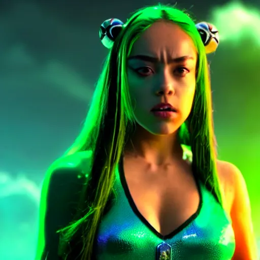 Image similar to cinematic scene with olivia rodrigo as jolyne from jojo's bizarre adventure, live action film, stone ocean, dramatic, small details, volumetric lighting, still frame