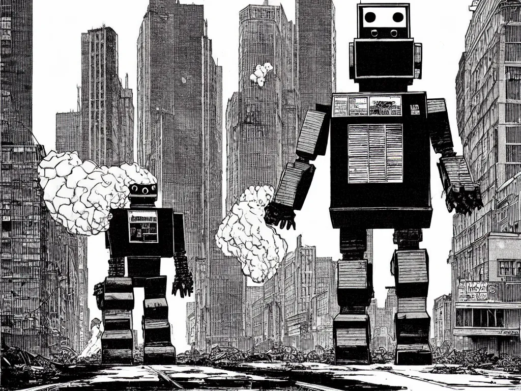 Prompt: an full body Giant classic robot walking down the street, pondering his destruction of the city and if it was worthwhile, a building is on fire smoking and a crushed car is under the foot of the giant robot by Richard Corben