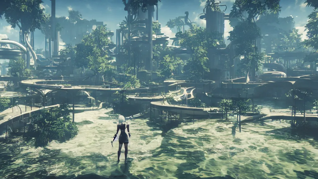 Image similar to Screenshot from Nier Automata, beautiful landscape at a water park