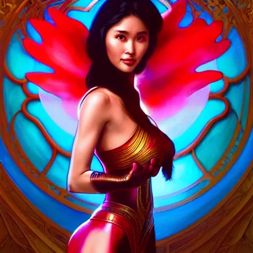 Image similar to heart evangelista as darna, volumetric lights, red and cyan theme, art nouveau botanicals, intricate, highly detailed, digital painting, artstation, concept art, smooth, sharp focus, cinematic, illustration, beautiful face, art by artgerm and greg rutkowski and alphonse mucha