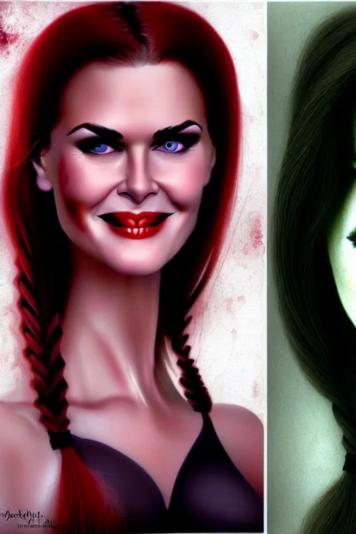 Image similar to mix of beautiful young maria shriver, mariel hemmingway, brooke shields, nicole kidman and elle macpherson as a vampire showing vampire teeth, ready to bite, thin lips, hair tied up in a pony tail, dark blonde hair, colorful, deviantart, artstation, cgsociety