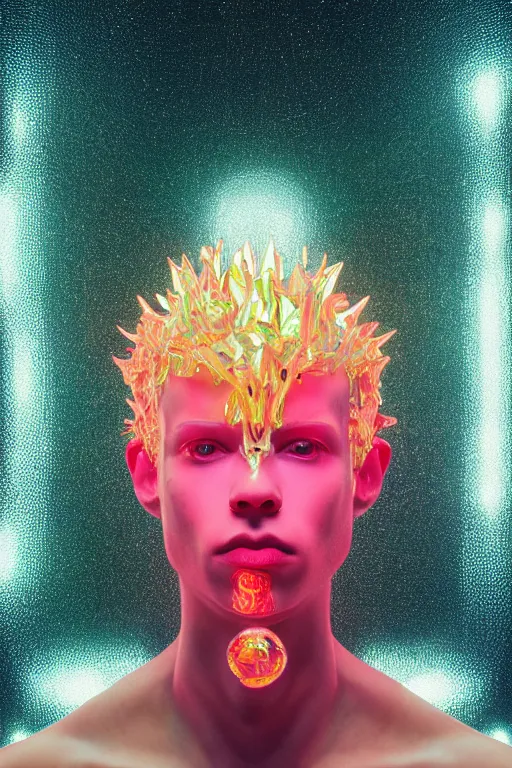 Image similar to hyper detailed ultra sharp portrait of baroque and bladerunner delicate neon ruby sculpture of seductive albino prince royce tigers orange iridescent humanoid deity wearing metallic hoody made out of leaves holding the sun prismatic dungeon, glowing rainbow face, crown of white diamonds, cinematic lighting, photorealistic, octane render 8 k depth of field 3 d
