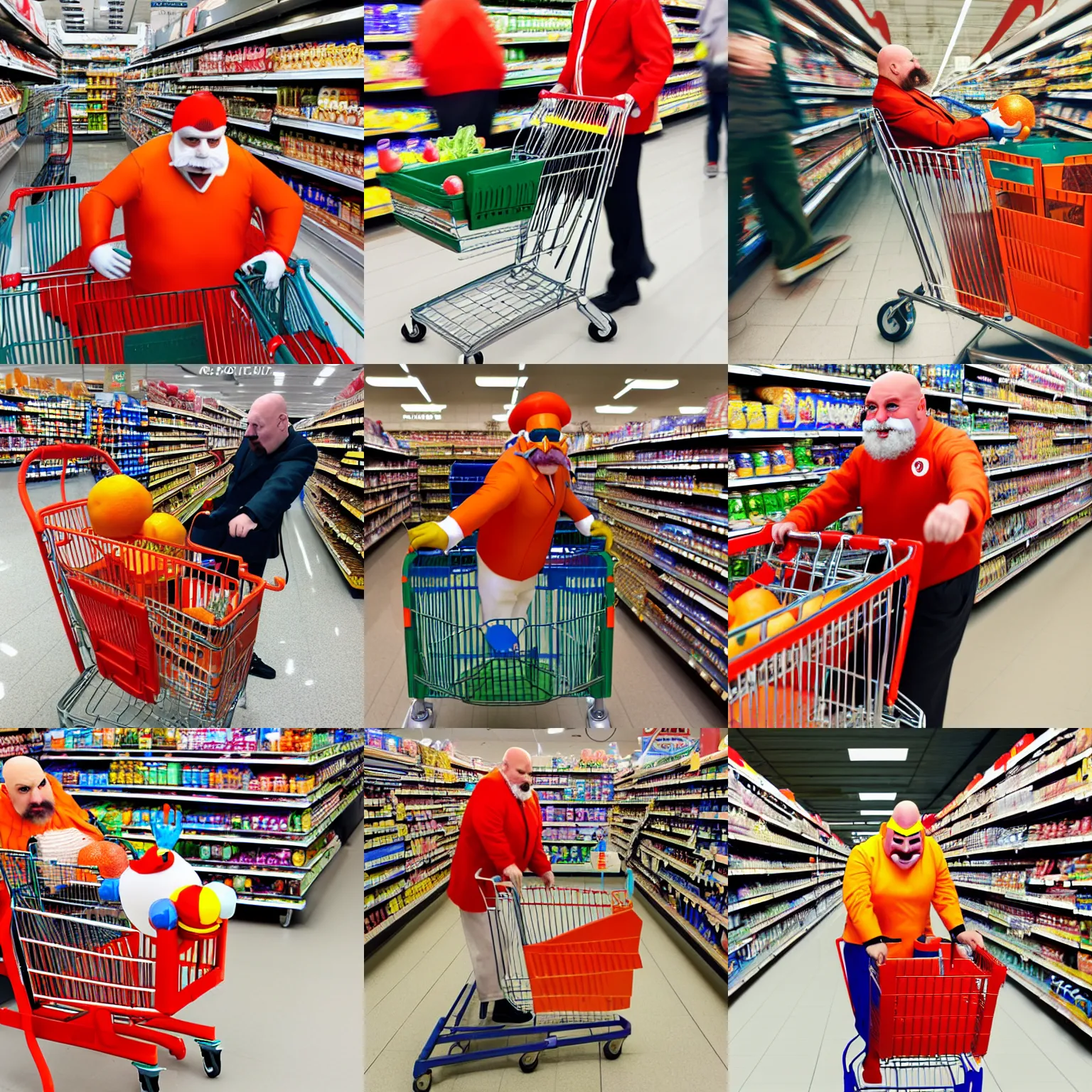 Prompt: dr. robotnik pushing a shopping cart at a supermarket, bald, orange mustache, red uniform