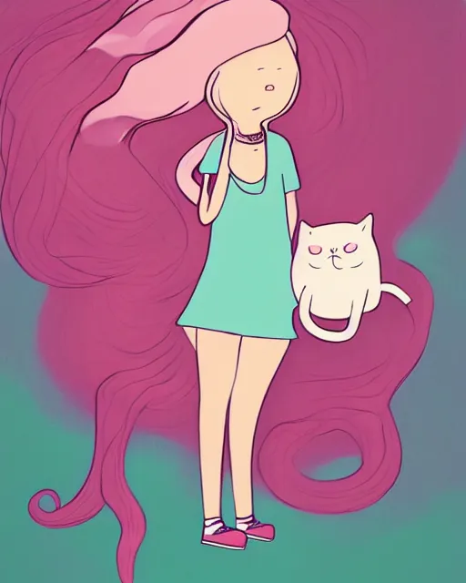 Image similar to a portrait of a young woman with very long pink hair undulating on the wind, light brown eyes, slightly chubby, pale skin, pretty, cute, holding a white cat. adventure time style