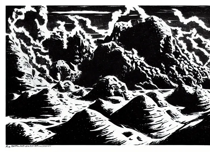 Prompt: deep rock galactic as a black and white etching