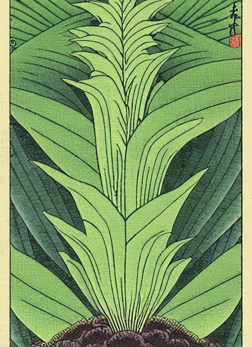 Image similar to fantasy scientific botanical trading card illustration of a green leafy plant that grows like a waterfall ,Ukiyo-e, isometric view, diego rivera