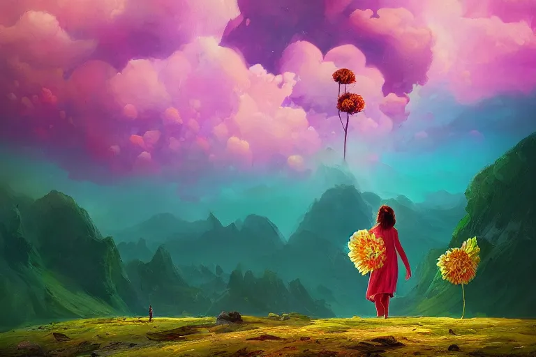 Image similar to giant dahlia flower as a head, girl walking on mountain, surreal photography, stars, dramatic light, impressionist painting, storm clouds, digital painting, artstation, simon stalenhag