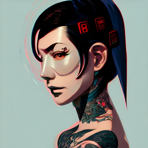 Image similar to portrait of a cyberpunk tattooed barmaid, artstation, elegant, highly detailed, digital painting, concept art, smooth, sharp focus, illustration, art by studio ghibli, fujita goro, atey ghailan, tom whalen, jean giraud 8 k