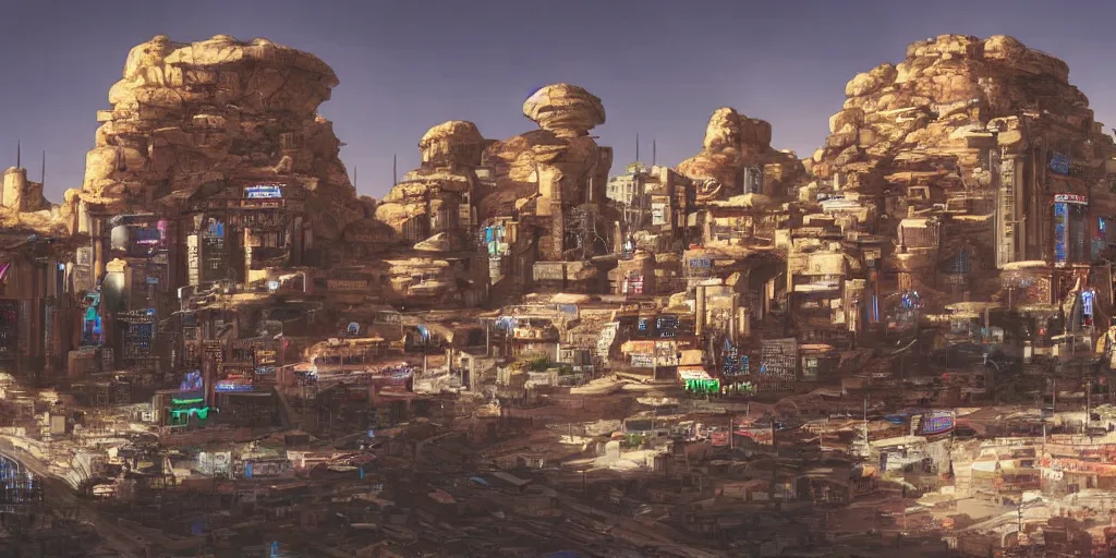 Prompt: a cyberpunk village with nabatean architecture