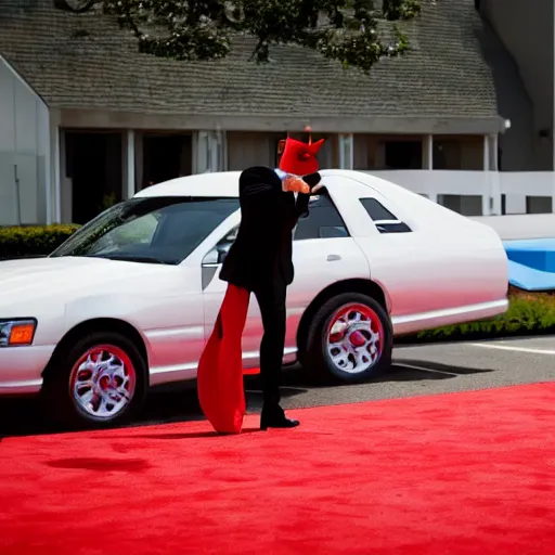 Image similar to a wide shot from a low angle of a chicken dressed in a suit stepping out of a limo and onto a red carpet