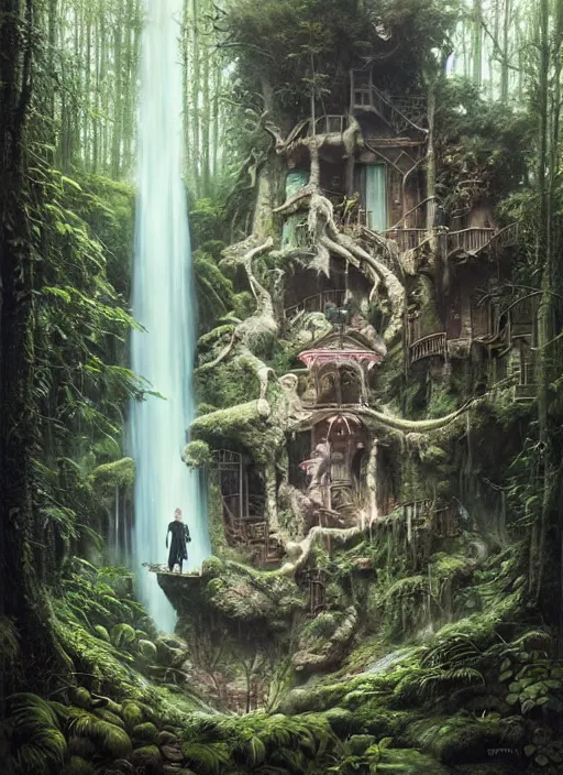 Image similar to a hyper realistic architectural witch shrine under a waterfall in the woods, gorgeous lighting, lush forest foliage, painting by chiara bautista and tom bagshaw, muca beksinski and norman rockwell and greg rutkowski weta studio, and lucasfilm