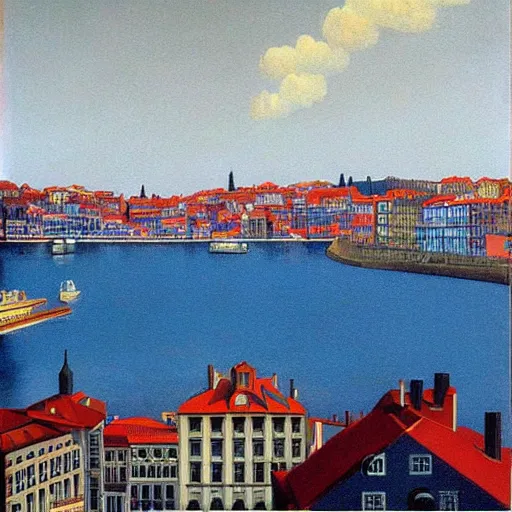 Image similar to Porto skyline, painting by rene magritte, high detail, high resolution