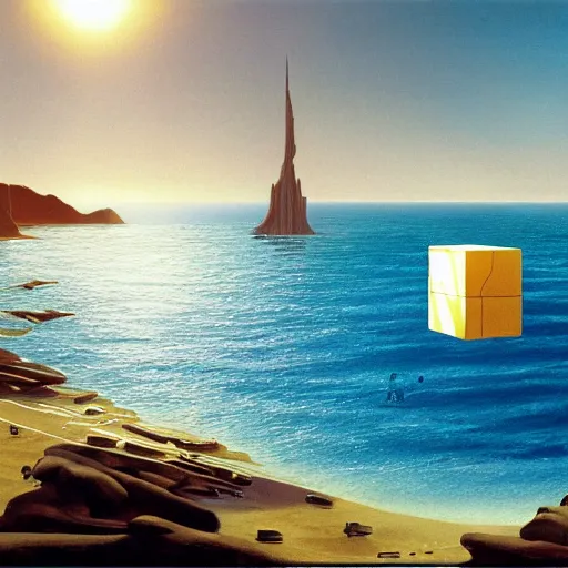 Image similar to beautiful matte painting of golden shores of a blue dreamy ocean, scientific codex cube floating above the ocean, sci - fi, daylight, blue sky, cinematic lighting, cinematic perspective, syd mead, john harris, federico pelat