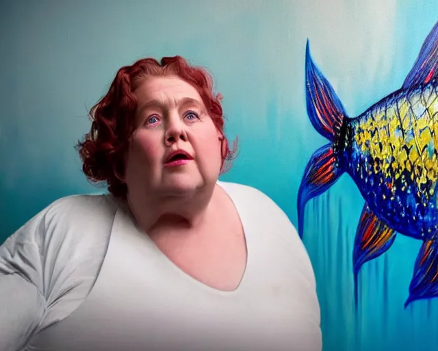 Image similar to an innocent and beautiful scene in hyper realistic style, about an fat old woman, wearing black lace jumpsuit, and painting a huge colorful fish on the wall, lighting from the barred window. shadows. 4 k. wide angle. wild. red mouth, blue eyes. deep focus, lovely scene. ambient occlusion render. unreal engine.