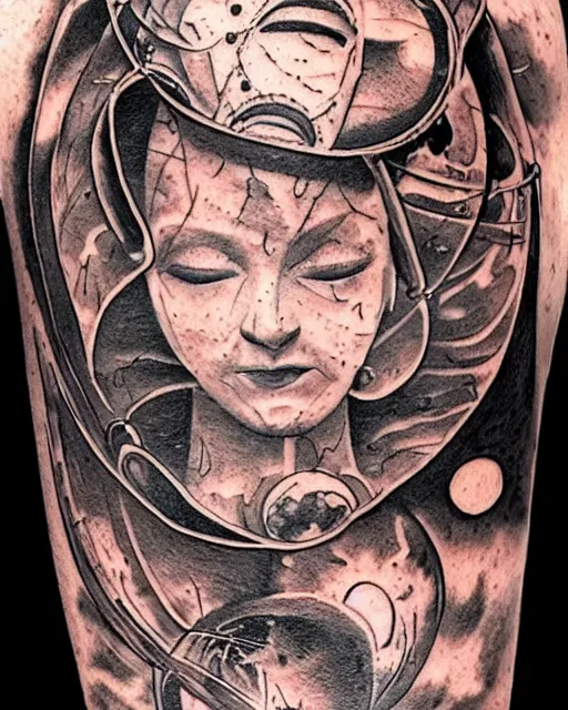 Image similar to planets on the top of a broken renaissance head statue, realism tattoo design, in the style of tony santos