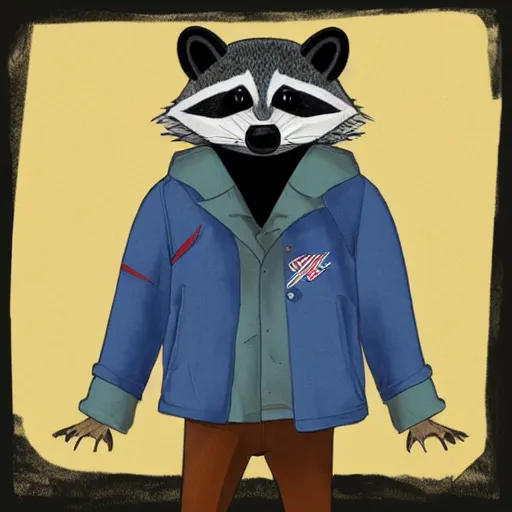 Prompt: anthropomorphic racoon, chibby, male, blue jacket