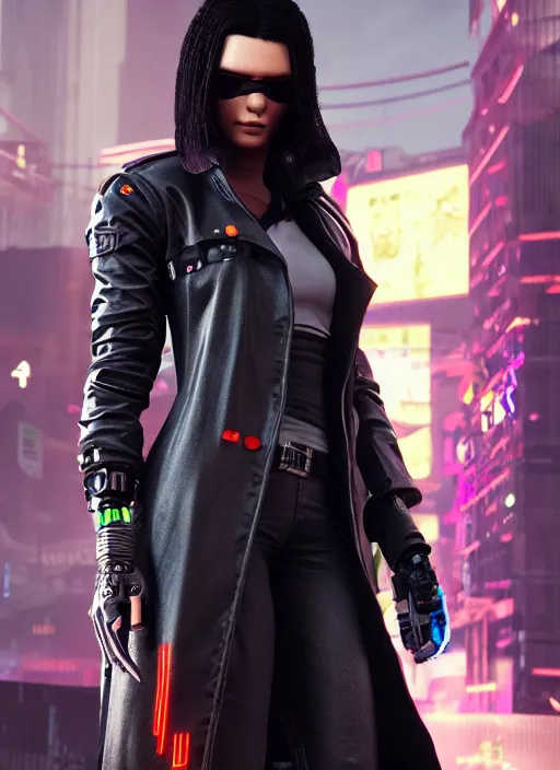 Prompt: black haired woman in a trench coat in a black cyberpunk 2 0 7 7, intricate, ultra detailed, face enhance, realistic