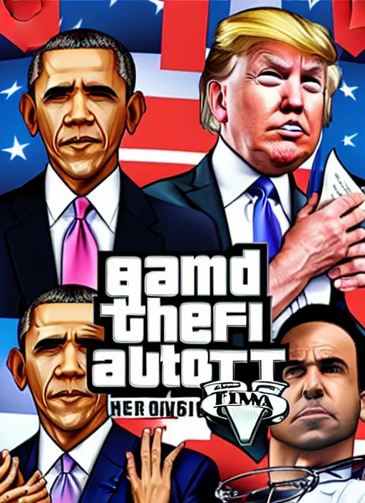 Image similar to GTA Cover Art, Obama, Biden, Trump