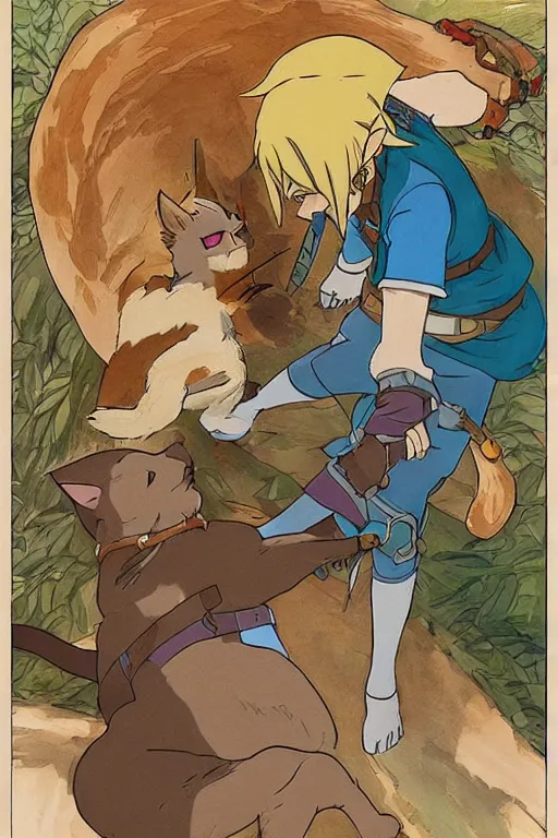 Image similar to link from The Legend of Zelda: Breath of the wild playing with a cat by studio ghibli and mucha