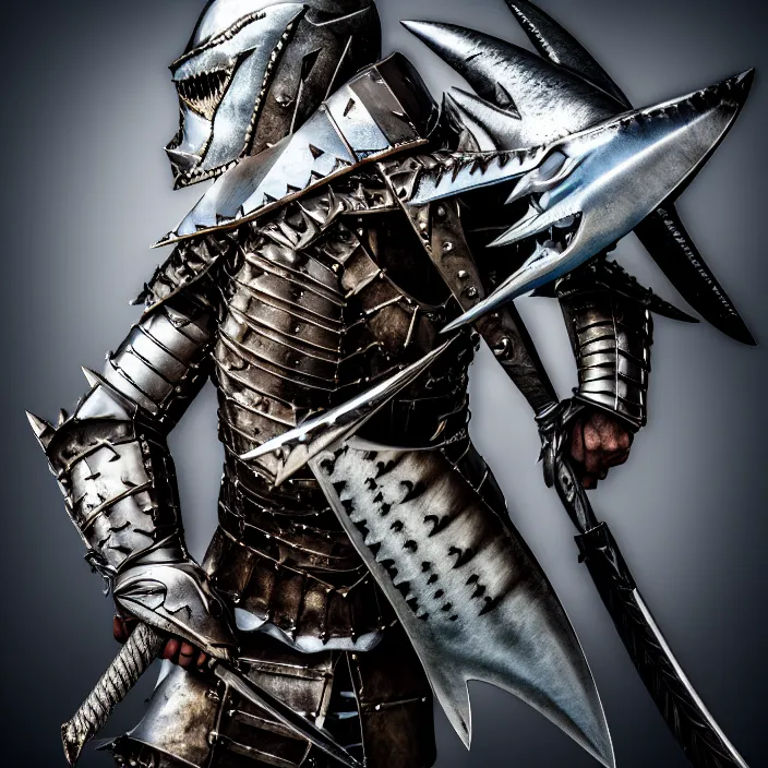 Prompt: photo of a warrior with metal shark themed armour, highly detailed, 4 k, hdr, smooth, sharp focus, high resolution, award - winning photo