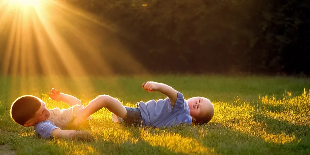 Prompt: a boy falls down a sunbeam