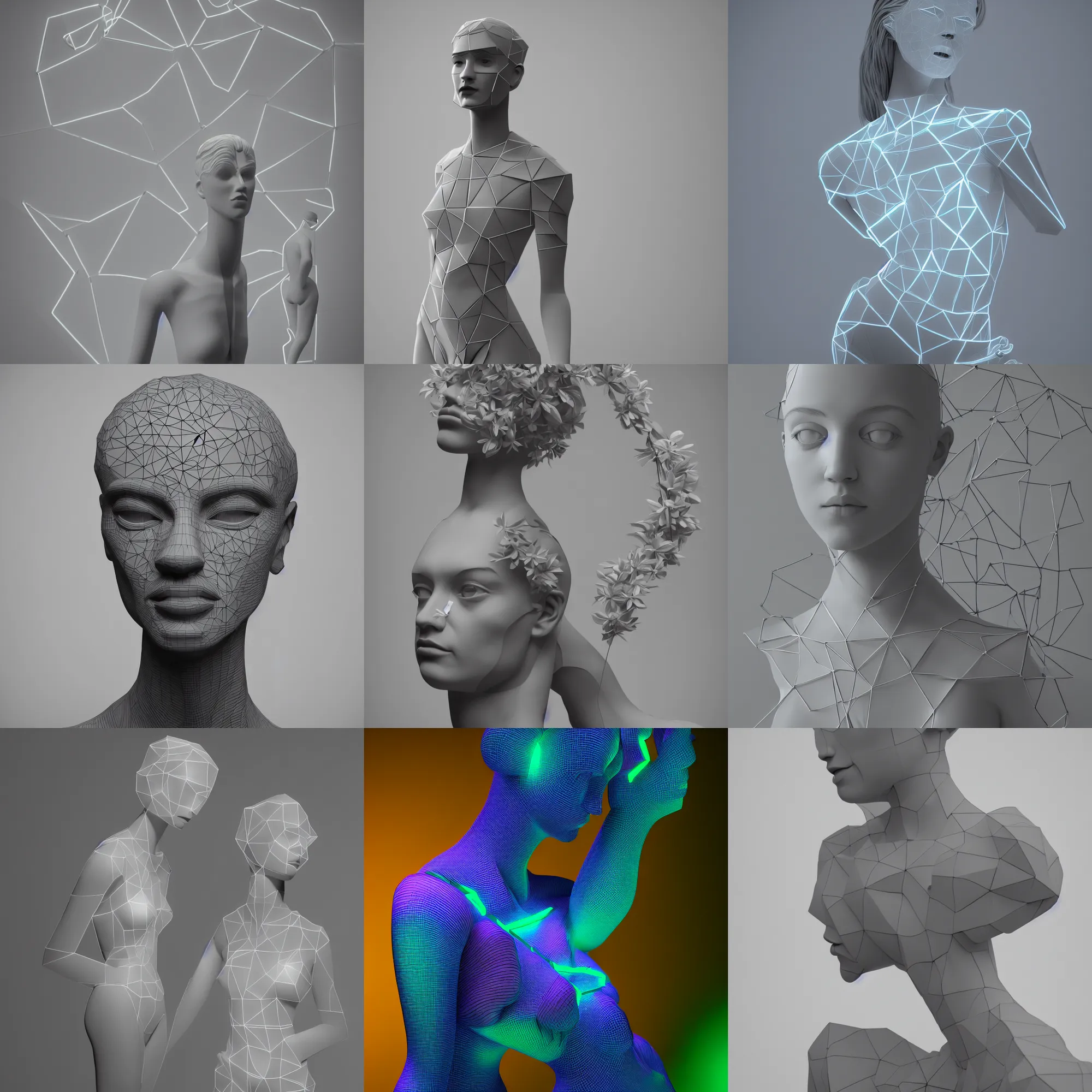 Prompt: beautiful mannequin sculpted by billelis + lit with 3 d geometric neon, holding geometric neon cubed hosta flowers!!!, transcendent, rule of thirds, clean linework, dramatic, award winning, confident, moody, 4 k, trending on artstation, photorealistic, volumetric lighting, octane render