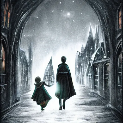 Image similar to harry potter and hermione hand in hand walking in hogwarts yard, elves around, lovely, lightly dark theme, harry potter theme, trending on artstation