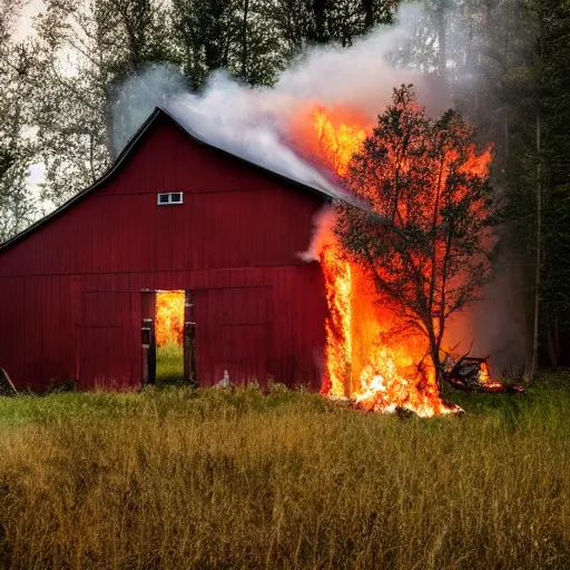 Prompt: a full-body studio portrait of a modern farm::forest behind the barn is on fire::5 smoke, flames, dark, gloomy, horror, screaming::4 insanely detailed, photorealistic