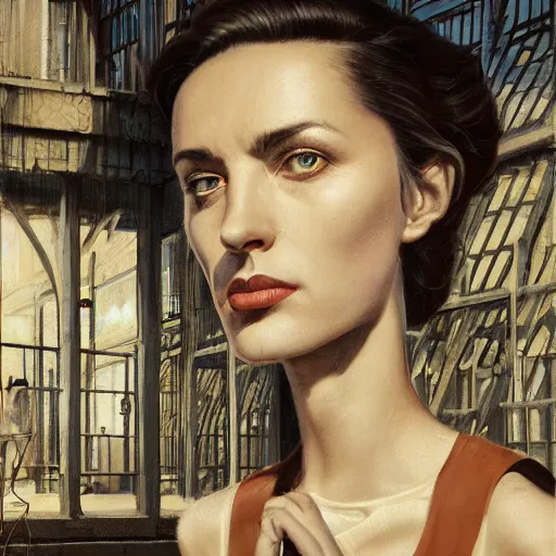 Image similar to detailed face of an intelligent clothed woman with kind eyes in a architectonic courtyard with whisps of smoke at a science expo, atmospheric, ambient, pj crook, syd mead, livia prima, artgerm, greg rutkowski, nick alm, casey baugh