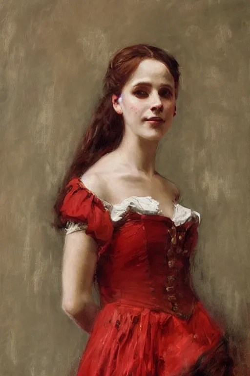 Prompt: Solomon Joseph Solomon and Richard Schmid and Jeremy Lipking victorian genre painting full length portrait painting of a young beautiful woman traditional german barmaid in fantasy costume, red background
