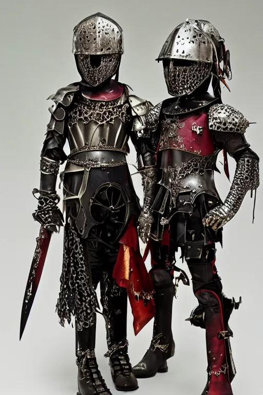 Prompt: Photo of Young Olsen twins as a medieval fantasy knight wearing dark steel scale armor and garments, Photo , red and blue jewerly ornaments, emerald jewelry, high fantasy, gothic, Sparth style, Final Fantasy style, Tsutomu Nihei style, Emil Melmoth style, Craig Mullins style, Shinkawa style, centered image, Photo , golden hour, soft lighting aesthetic, volumetric lighting,