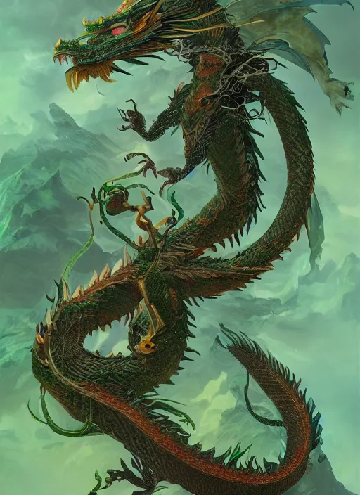 Prompt: a beautiful full - body green chinese dragon, wisdom, magical render in maya by peter mohrbacher and kentaro miura, artstation, 8 k ivan laliashvili, james gurney poster style